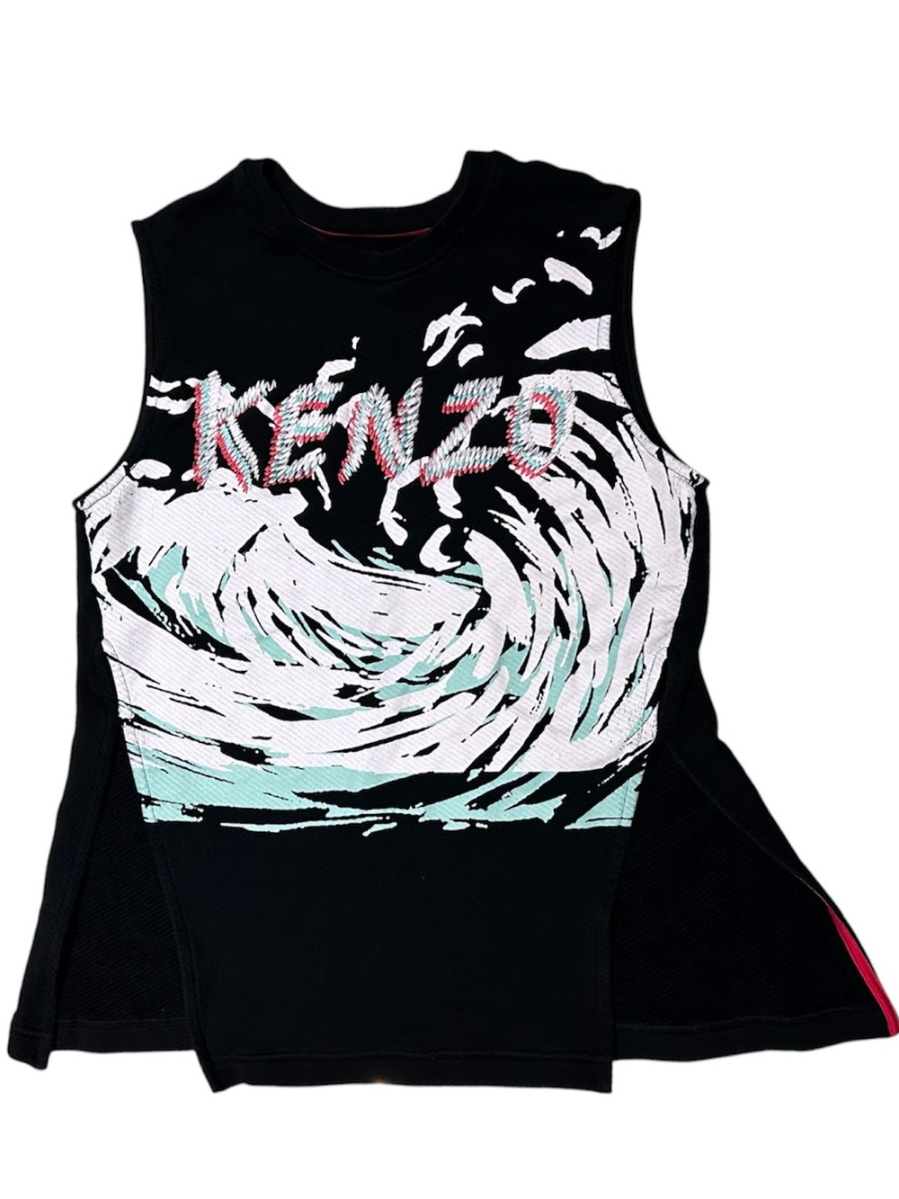 Kenzo Paris "Jungle" Wave Motif Sleeveless Sweater Top Embroidered Logo Size S